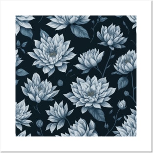 Sky Blue Flower Pattern on Black Posters and Art